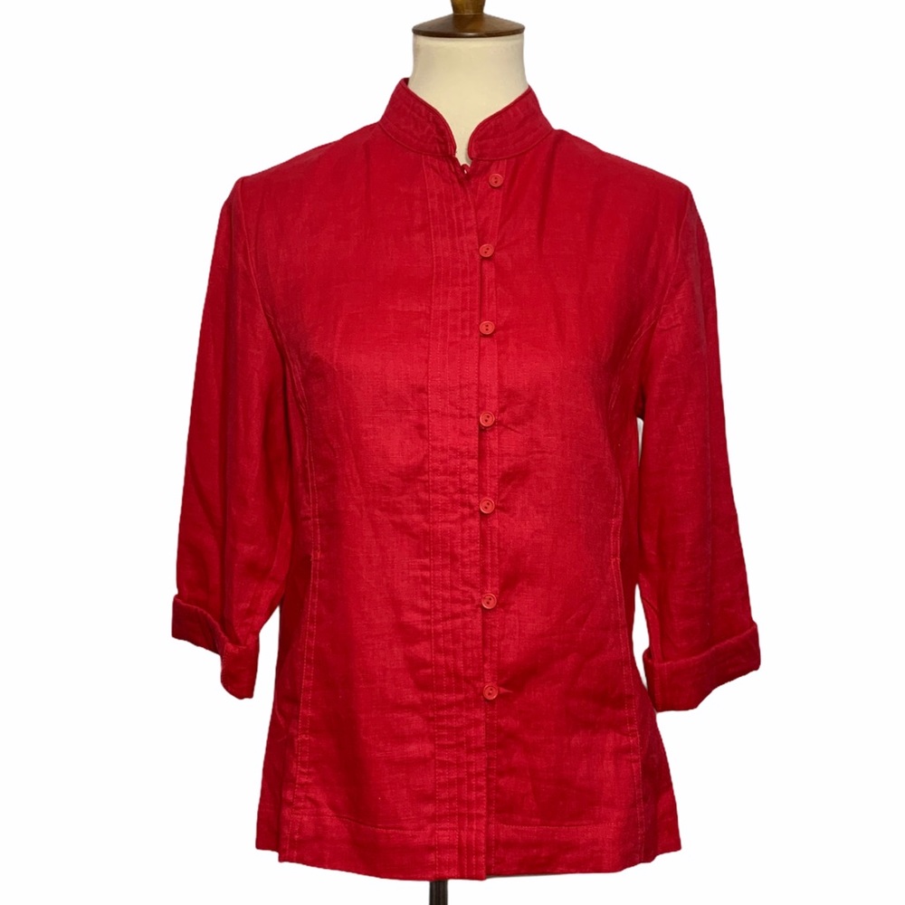 SilkLand LINEN  Red Button-Down Mandarin Collar Shirt